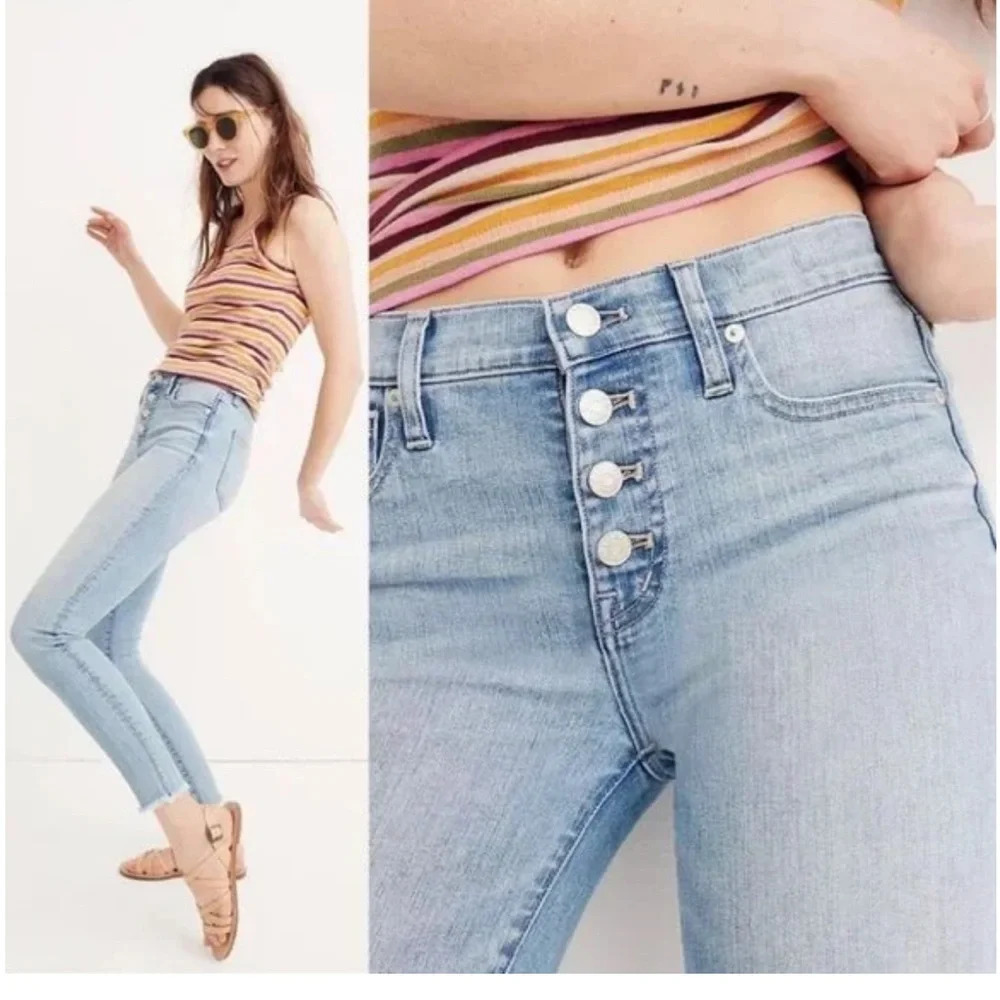 Madewell High Rise Skinny Crop Button Front Raw Hem Light Blue